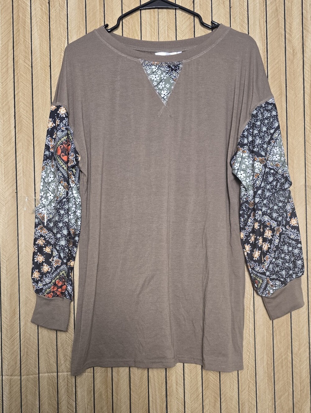 Women's Brown Long Sleeve Top with Patterned